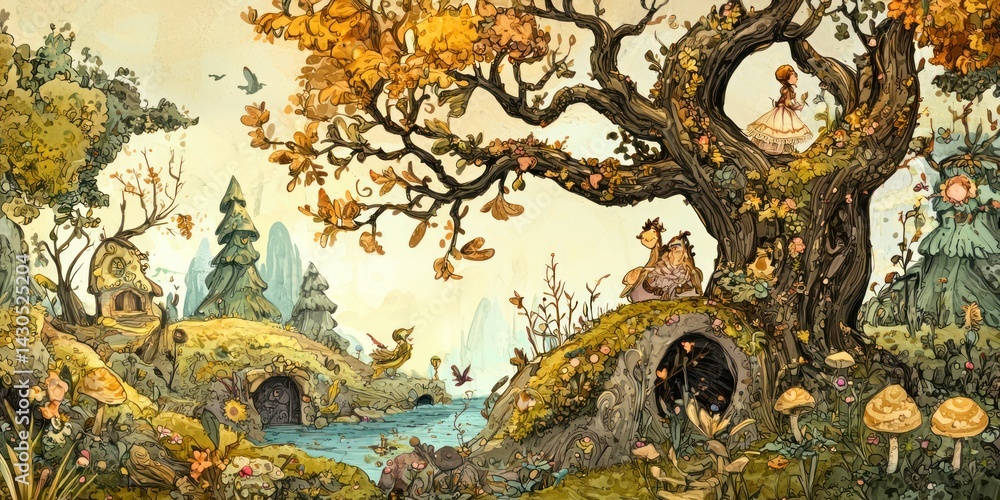 Obraz premium A whimsical scene featuring unique hand-drawn fantasy characters in a fairytale setting