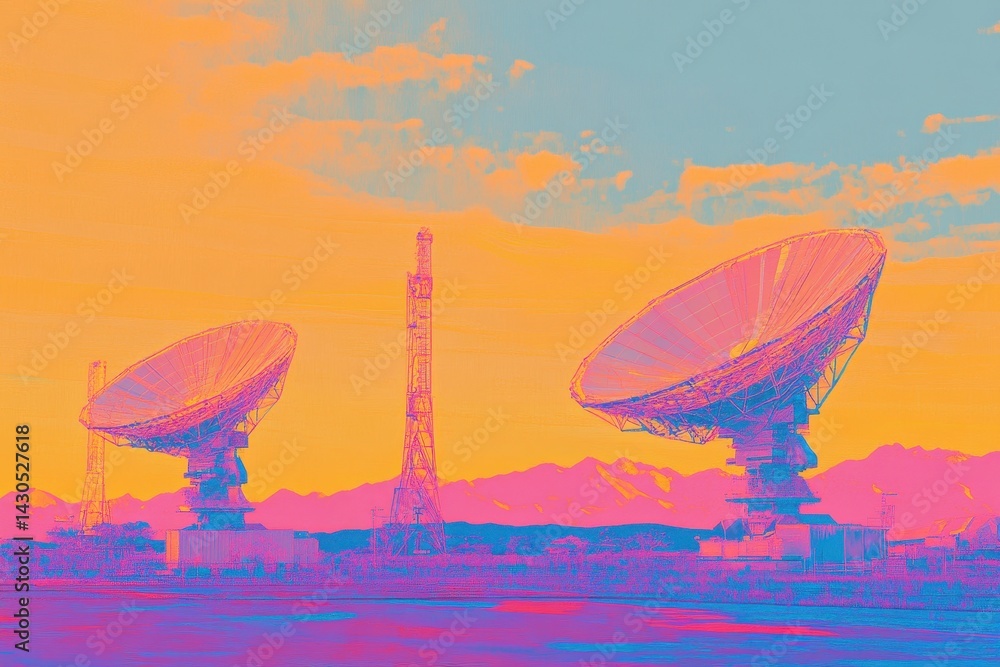 Obraz premium Radiotelescopes move in synchronization against a vibrant sky during twilight hours, Radiotelescopes Moving in Sync
