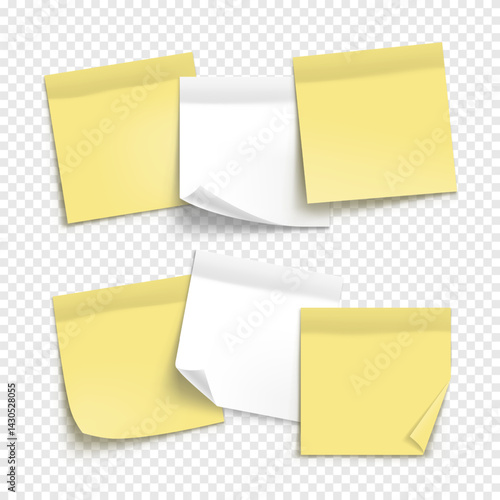 Vector white and yellow note paper isolated on transparent background. Realistic sticky note. Mockup of paper for design.