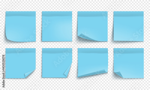 Vector blue note paper isolated on transparent background. Realistic sticky note. Mockup of blue note paper for design.