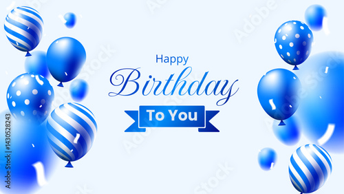 happy birthday greeting card with 3d blue balloons and confetti on white background