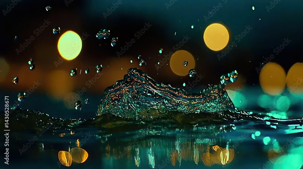 Fototapeta premium Splashing water droplets captured with blurred lights in the background