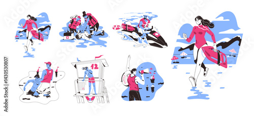 Lifeguard on the water, safety set. Life guards with binoculars, lifebuoy rescue drowning people on sea. Paramedics help men and women on beach. Flat isolated contour vector illustrations on white