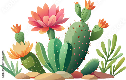 watercolor cactus with flowers isolated on white background, cactus in the desert