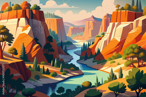 watercolor canyon with trees and shrubs on white background. grand canyon arizona usa