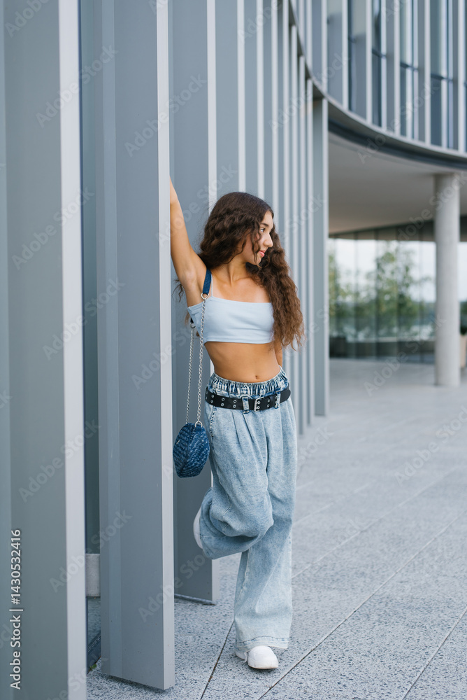 Girl Leaning On Modern Pillars
