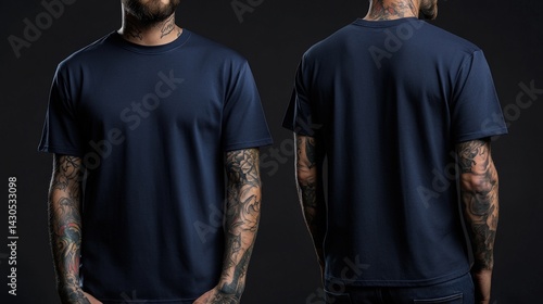 Dark navy blue t-shirt mockup on tattooed men