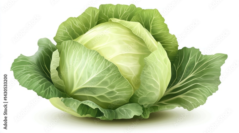 Obraz premium Fresh head of cabbage, vibrant green leaves, white inner core