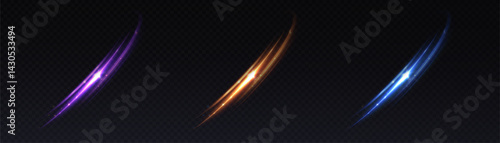 Three dynamic light paths in vibrant neon colors, curving through the darkness with a glossy shimmer. Perfect for futuristic interfaces, fantasy designs or dynamic graphics.