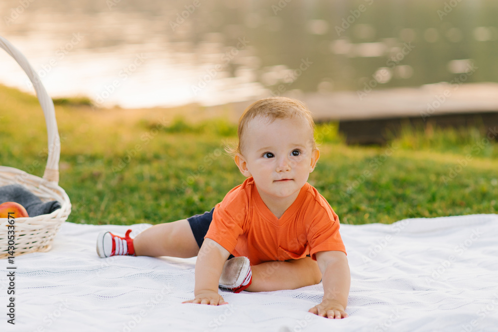 Toddler Exploring Picnic Blanket Outdoors