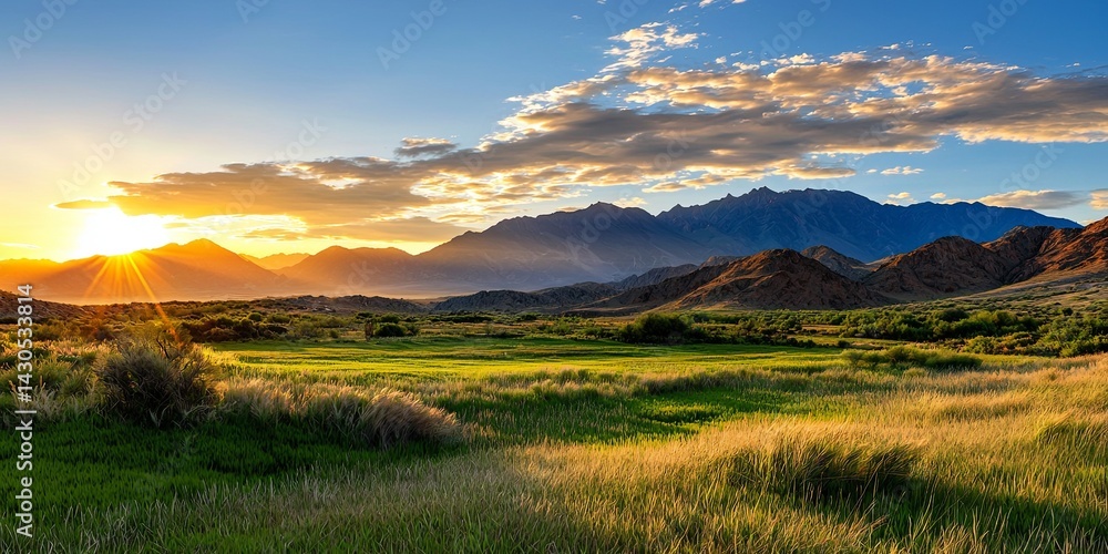 Fototapeta premium Breathtaking Sunrise Over Layered Mountain Range with Warm Hues and Soft Clouds Creating a Peaceful and Serene Natural Scenic Landscape