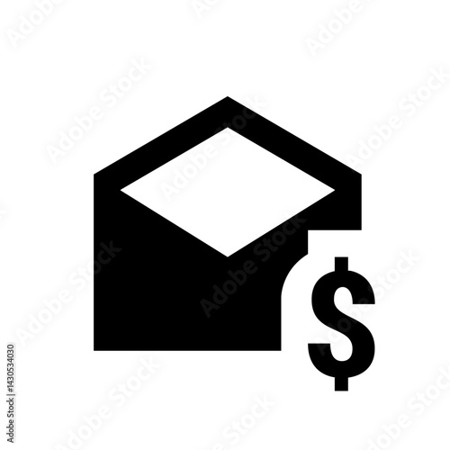 Illustration of an open black envelope with a white diamond shape inside and a dollar sign on the right