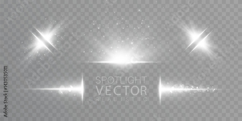 Bright white flashes of light with shimmering trails and shimmering glitter on a transparent background.