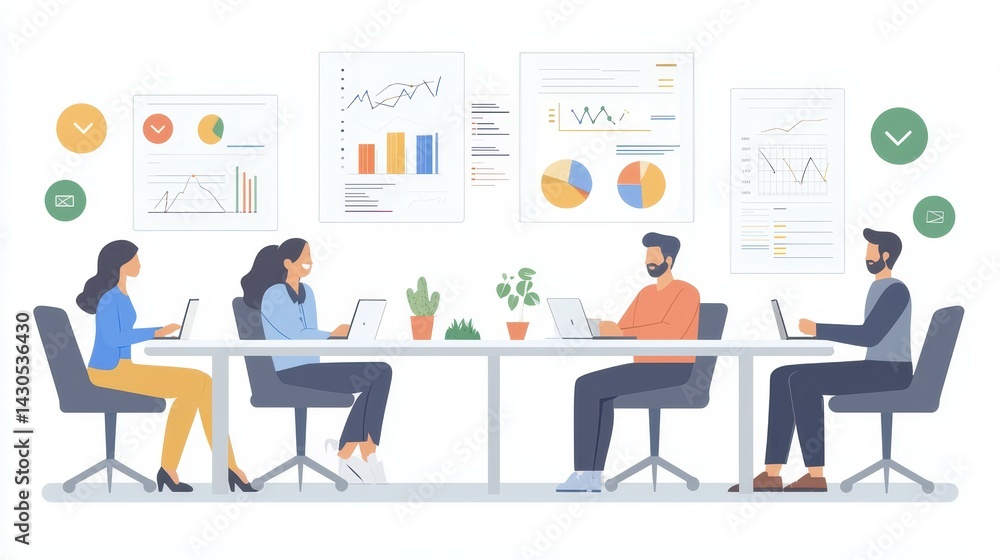 Diverse professionals collaborating in a modern office space with data displays. Diverse professionals collaborating in a modern office space with data displays.