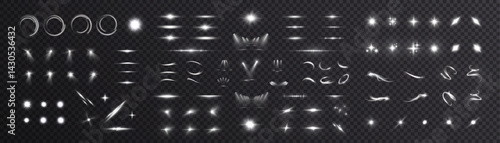 A set of white light effects on a transparent background, including glows, flashes, rings, arcs, lines and sparks. The elements are made in a single style and are ideal for visual effects.