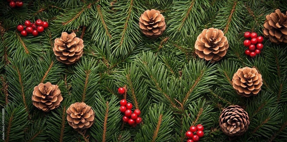 Fototapeta premium Christmas Pine Branches with Pinecones and Berries