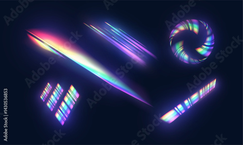 Set of abstract neon objects with rainbow glow on dark background. Light and refraction vector for use in digital design, interfaces, visual effects, sci-fi animations