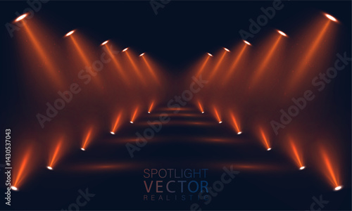 A stage composition with many symmetrically placed orange spotlights, creating the effect of a corridor of light with deep perspective.