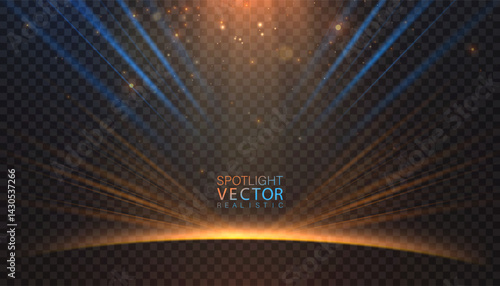 Background with directional spotlights in blue and orange coming from the top corners and converging towards the stage. Flickering particles and diffused light effect. Vector