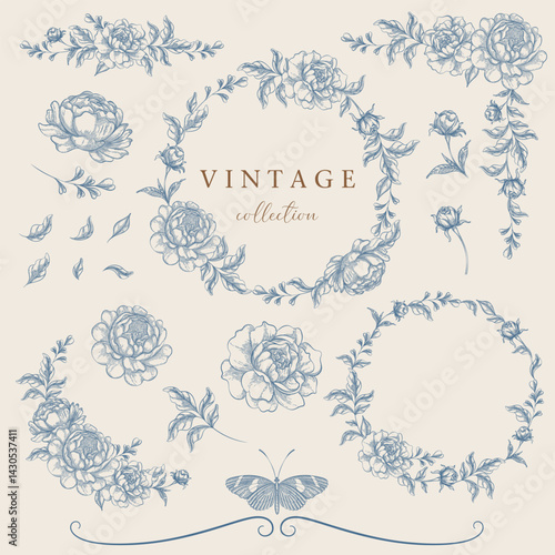 Floral clipart engraving frames. botanical wreaths and borders for wedding vintage invitations. Line art hand drawing, Victorian illustration