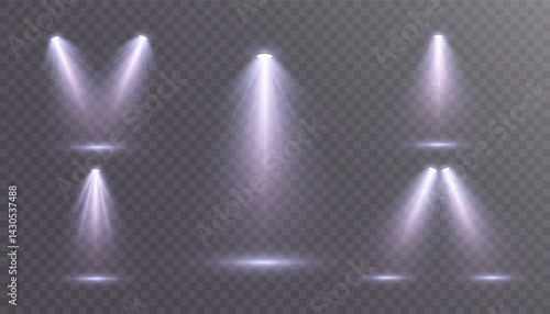 Set of soft white spotlights with shimmering particles and light cones on transparent background for stage design and visual effects.