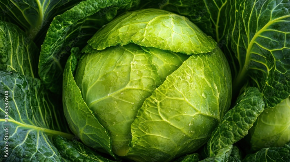 Fototapeta premium Fresh, vibrant green head of cabbage. Close-up view of tightly packed leaves