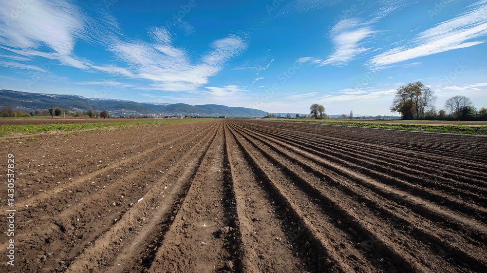 Neat rows of freshly plowed soil stretch across the vast farmland, meeting a clear blue sky and distant tree line on the horizon.
Neat rows of freshly plowed soil stretch across the vast farmland, meeting a clear blue sky and distant tree line on the horizon.