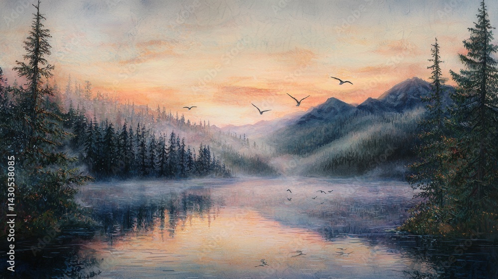 Obraz premium Serene Morning at the Lake with Mountains and Birds in Flight