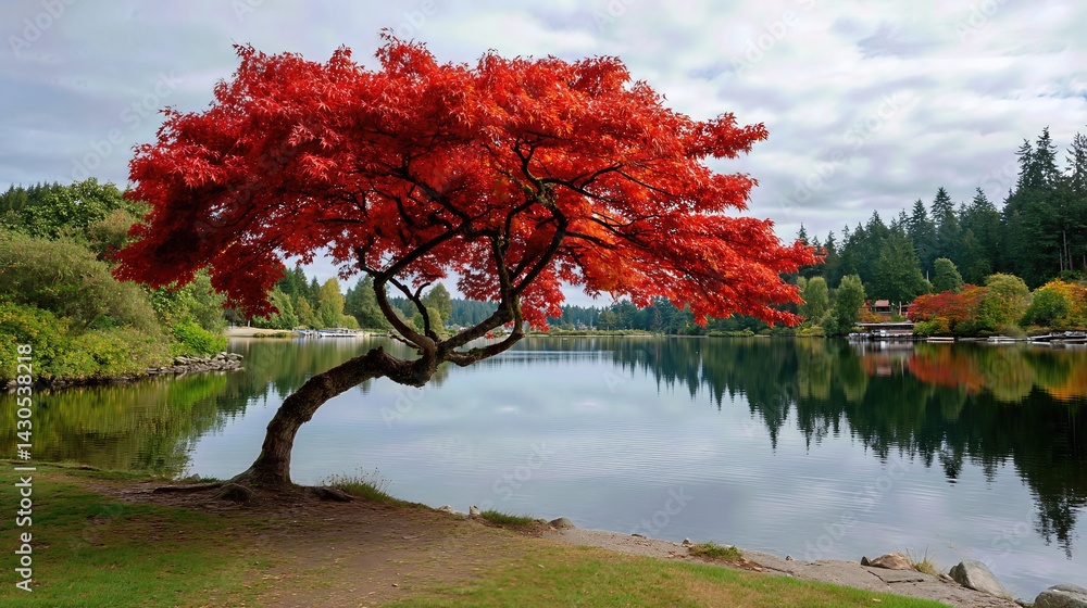 Obraz premium A vibrant maple tree with blazing red leaves reflects in the calm lake, framed by lush greenery and the rich hues of autumn’s embrace.