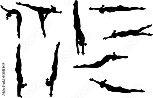 Woman Diving silhouette vector set