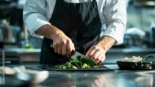 A skilled chef expertly chops fresh vegetables in a bustling kitchen environment, showcasing culinary techniques that emphasize freshness and quality preparation.