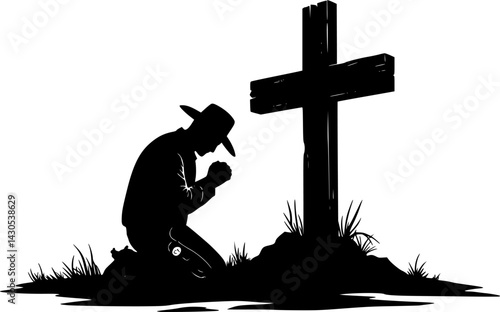 Cowboy Praying at Memorial Cross. vector silhouette