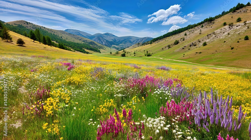 Fototapeta premium A vibrant meadow bursts with colorful wildflowers beneath a bright blue sky, stretching toward gently rolling hills in a picture-perfect landscape.