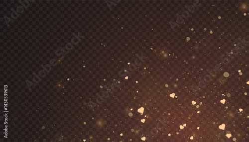 Warm abstract sparkling background with floating gold dust and glowing hearts. Vector background for love-themed compositions.