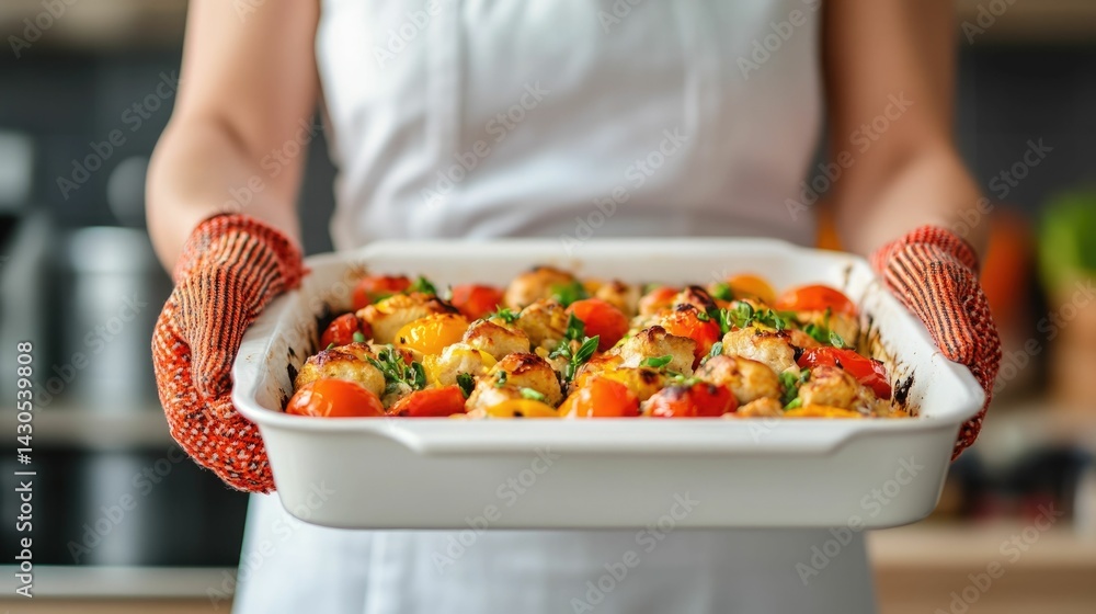 A close up view of a freshly baked and prepared homemade dish still steaming hot being served in a kitchen setting with the chef s oven mitts still on A close up view of a freshly baked and prepared homemade dish still steaming hot being served in a kitchen setting with the chef s oven mitts still on