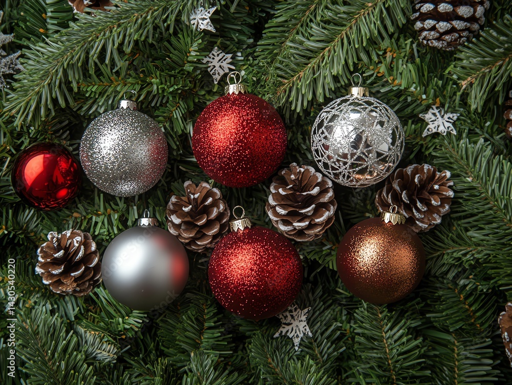 Christmas Ornaments on Green Fir Tree Branches Christmas Ornaments on Green Fir Tree Branches