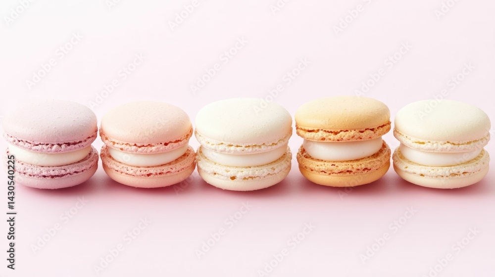 Obraz premium Beautifully arranged flat lay of vibrant delicate macarons in a variety of pastel colors including pink yellow and cream presented on a soft pink background with a minimalist elegant aesthetic