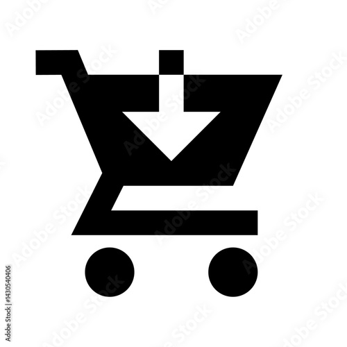 Black shopping cart icon with a white arrow pointing down into the cart on a white background design element