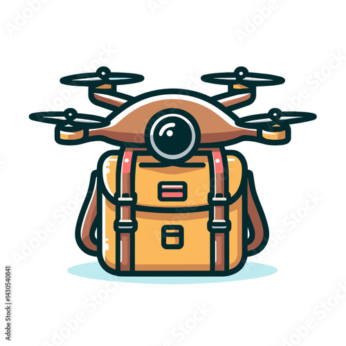 Drone with camera and travel backpack. Ideal for aerial photography, adventure travel blogs, and outdoor filming equipment concepts.