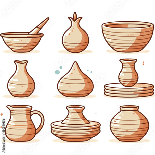 Collection of ceramic pottery vases in beige tones. Perfect for home decor, artisanal crafts, and traditional ceramics exhibition promotion.