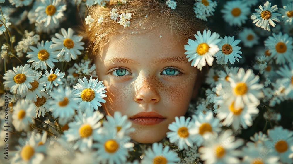 Young girl with blue eyes surrounded by daisies, evoking a serene and joyful mood. Young girl with blue eyes surrounded by daisies, evoking a serene and joyful mood.