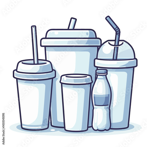 Disposable plastic cups and water bottle in blue tones. Illustrates beverage containers, waste management, or environmental issues.