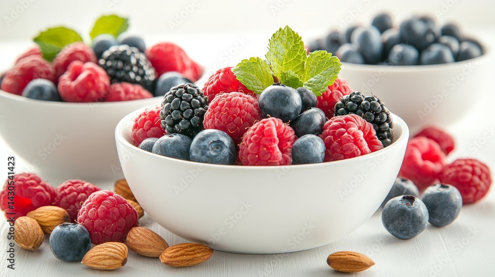 Fresh Mixed Berries in a Bowl with Mint Leaves and Walnuts Fresh Mixed Berries in a Bowl with Mint Leaves and Walnuts