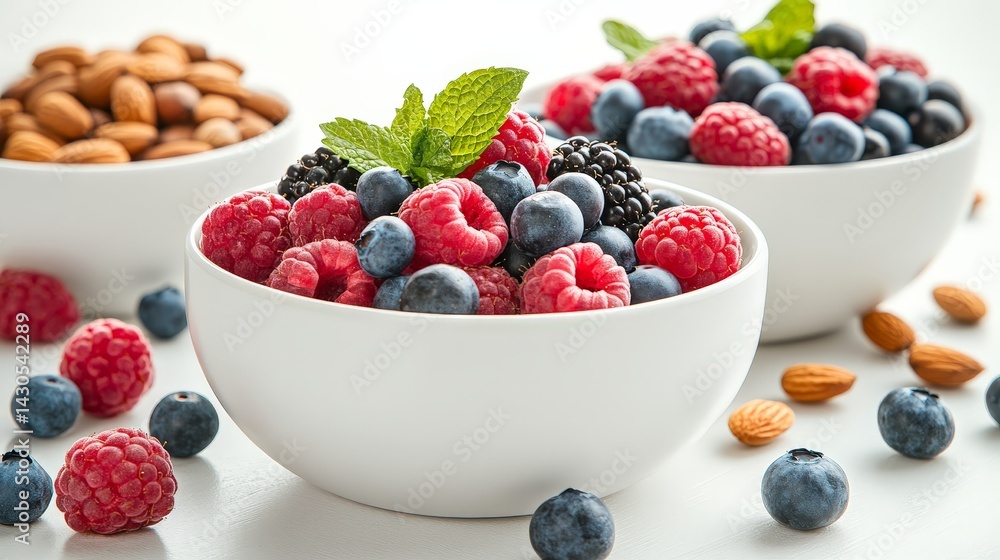 Fresh Mixed Berries in a Bowl with Mint Leaves and Walnuts Fresh Mixed Berries in a Bowl with Mint Leaves and Walnuts