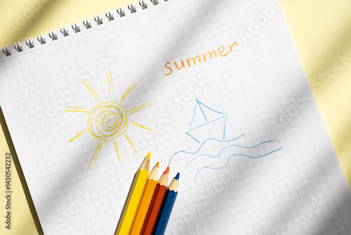 Children's pencil drawing on a sheet of paper in a cage on a summer theme