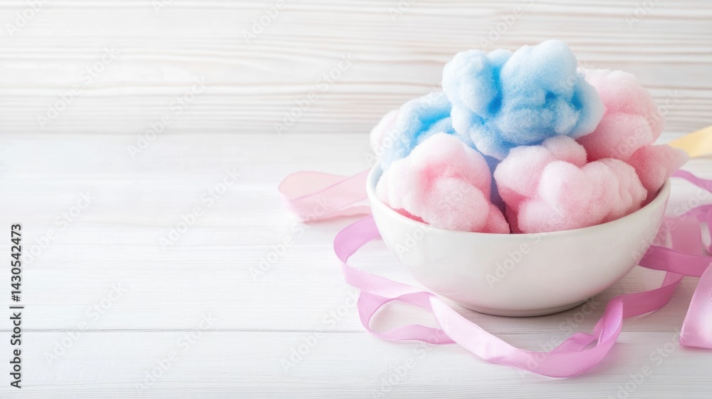 Delicate bowl of soft fluffy cotton candy in pink and blue hues sitting on a white wooden surface and accented with pastel ribbons Delicate bowl of soft fluffy cotton candy in pink and blue hues sitting on a white wooden surface and accented with pastel ribbons