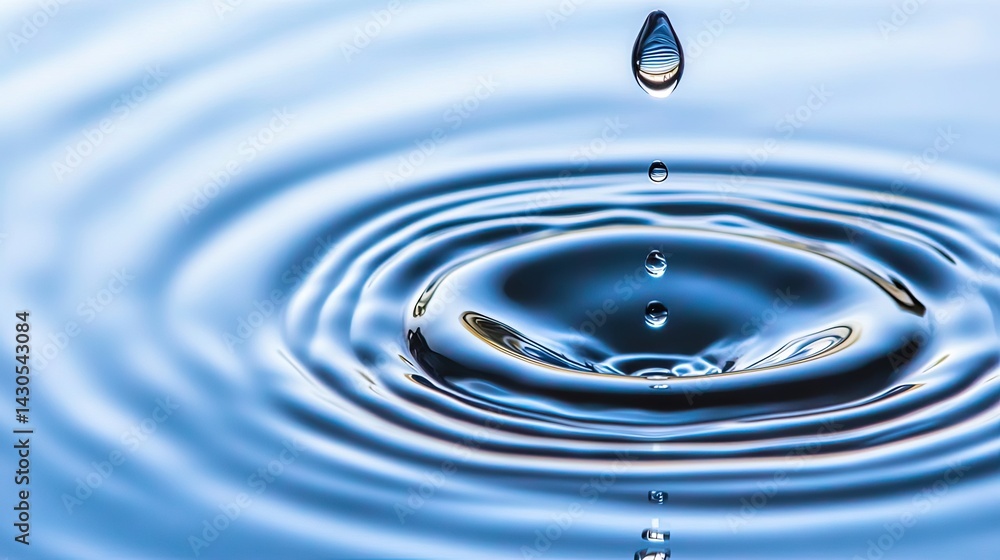 A single water droplet creating ripples on a smooth water surface, artistic and clean 