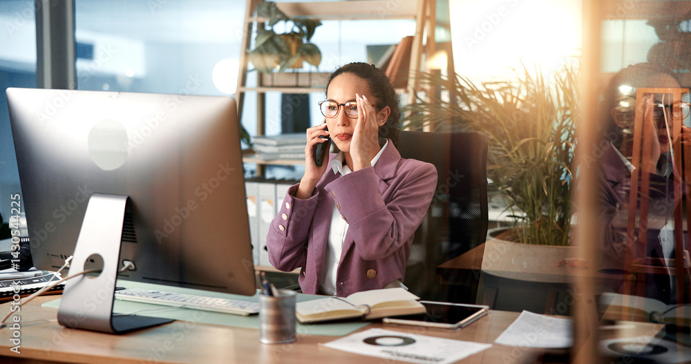 Phone call, reading and business woman on computer for contact, online discussion and communication. Professional, office and person on smartphone for conversation, talking and B2B networking