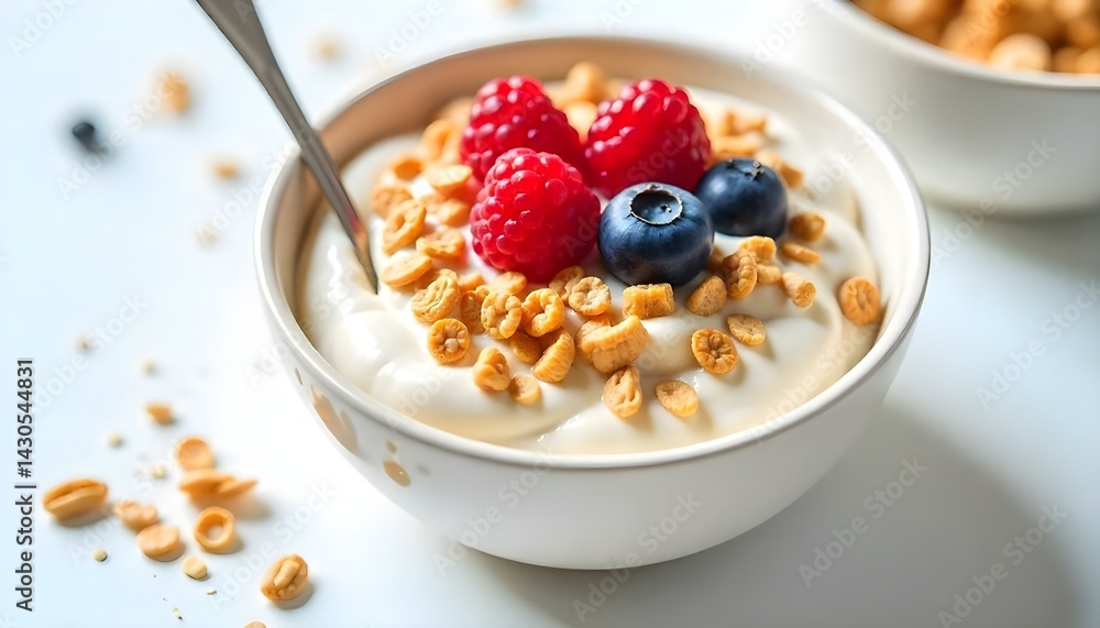 yogurt with muesli and berries on white background yogurt with muesli and berries on white background