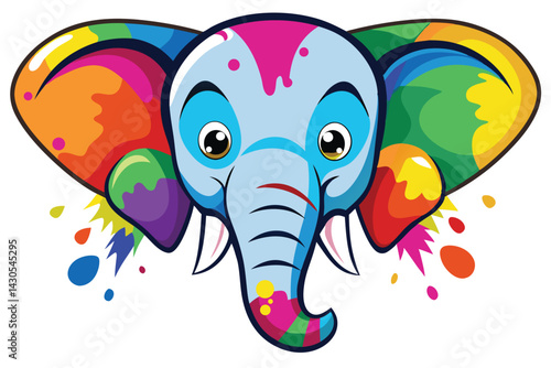 Colorful artistic elephant face   colorful paint splatters on white background.